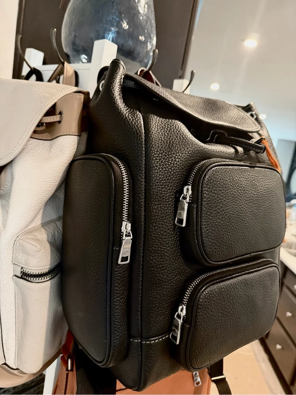 Coach Black Leather Backpack with Yellow Zip Pull